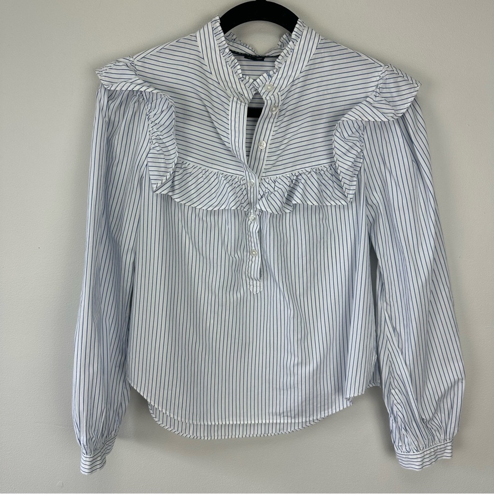 Veronica Beard Striped Ruffle Yoke Blouse Top